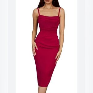 House of CB Jamille Corset Draped Midi Dress in Berry Size XS